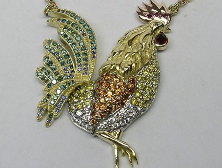 Diamond ruby sapphire and garnet rooster pendant